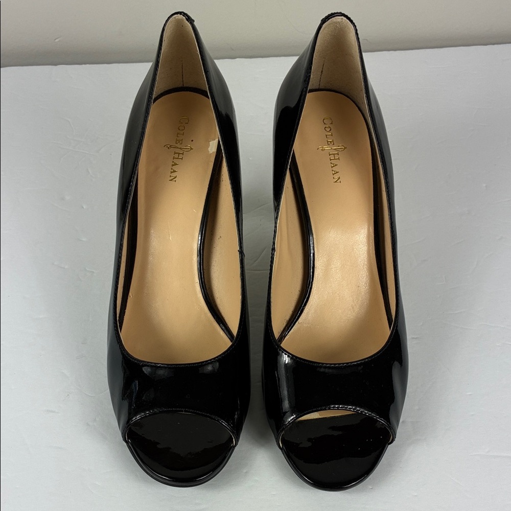 Cole Haan Black Patent Peep-Toe Heels Nike Colab 9B Classic Pumps Work Party - Picture 2 of 9